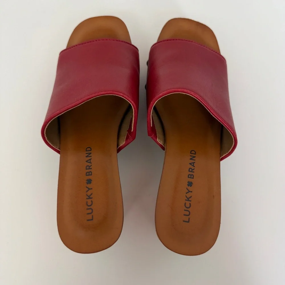 Lucky Brand Red Leather Studded Clog Slide Sandals Womens 5.5 / EU 36 Wood Heel - Picture 4 of 8